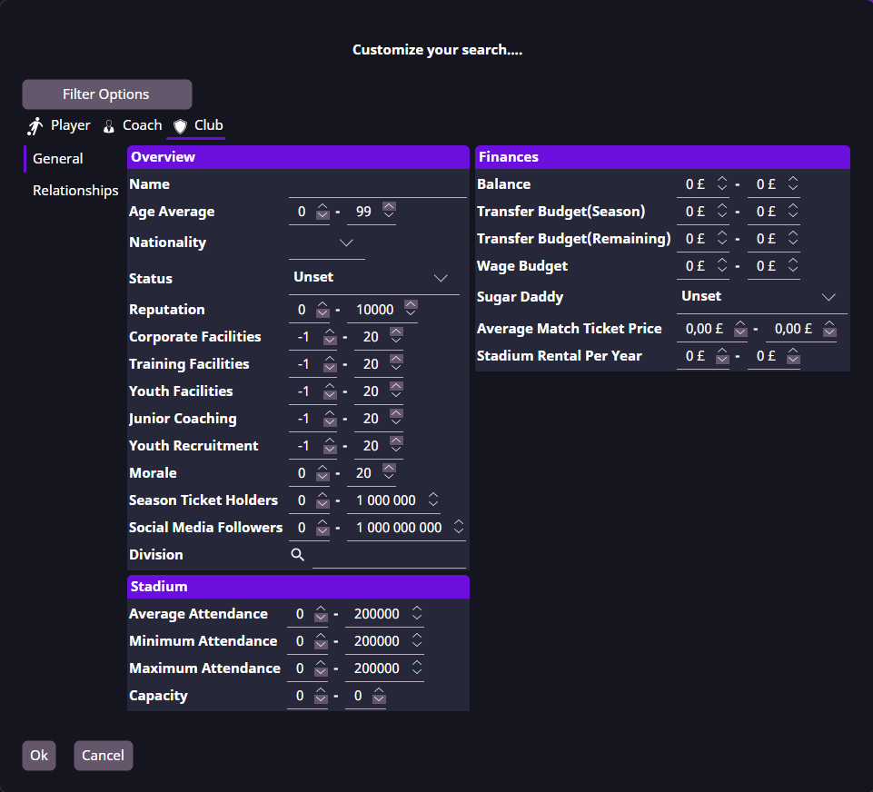 Advanced Search for clubs with facilities, finances and stadiums