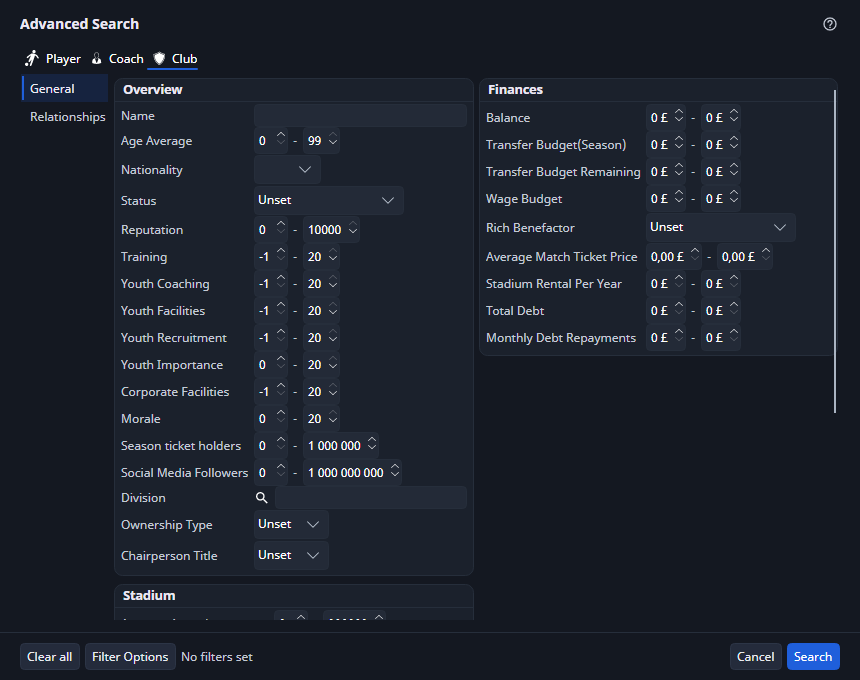 Advanced Search for clubs with facilities, finances, debt and stadiums