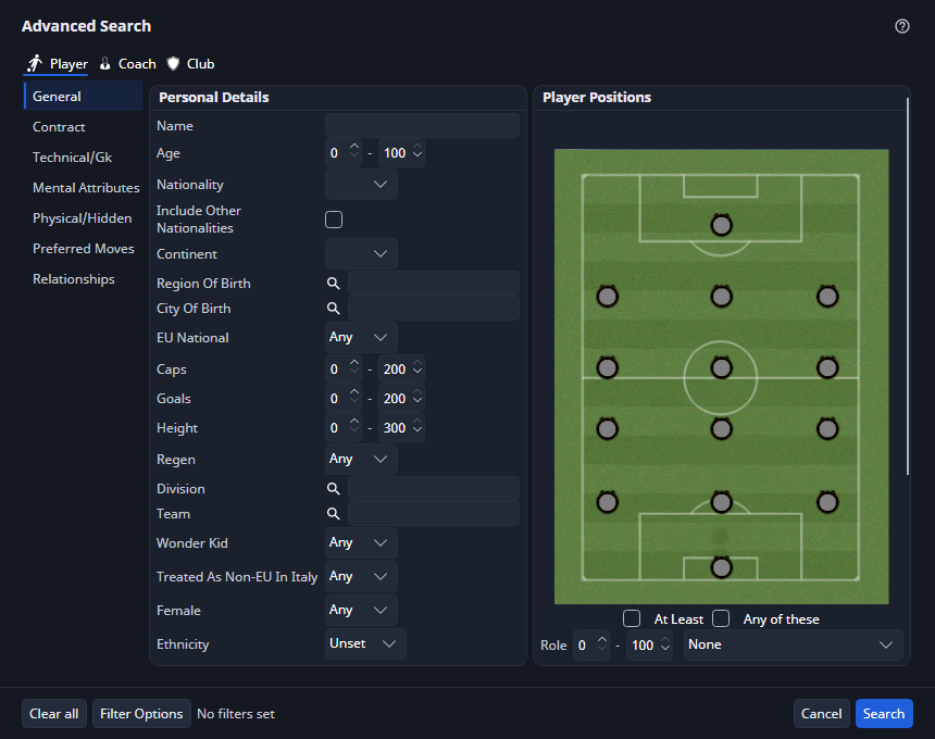 Advanced Search for players with minimum and maximum Age and PA