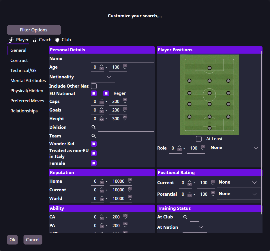 Advanced Search for players with minimum and maximum Age and PA