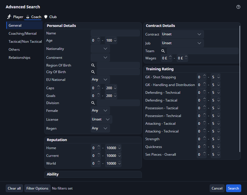Advanced Search for coaches with contract and coaching ratings