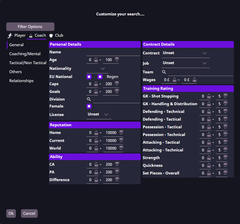 Advanced Search for coaches with contract and coaching ratings
