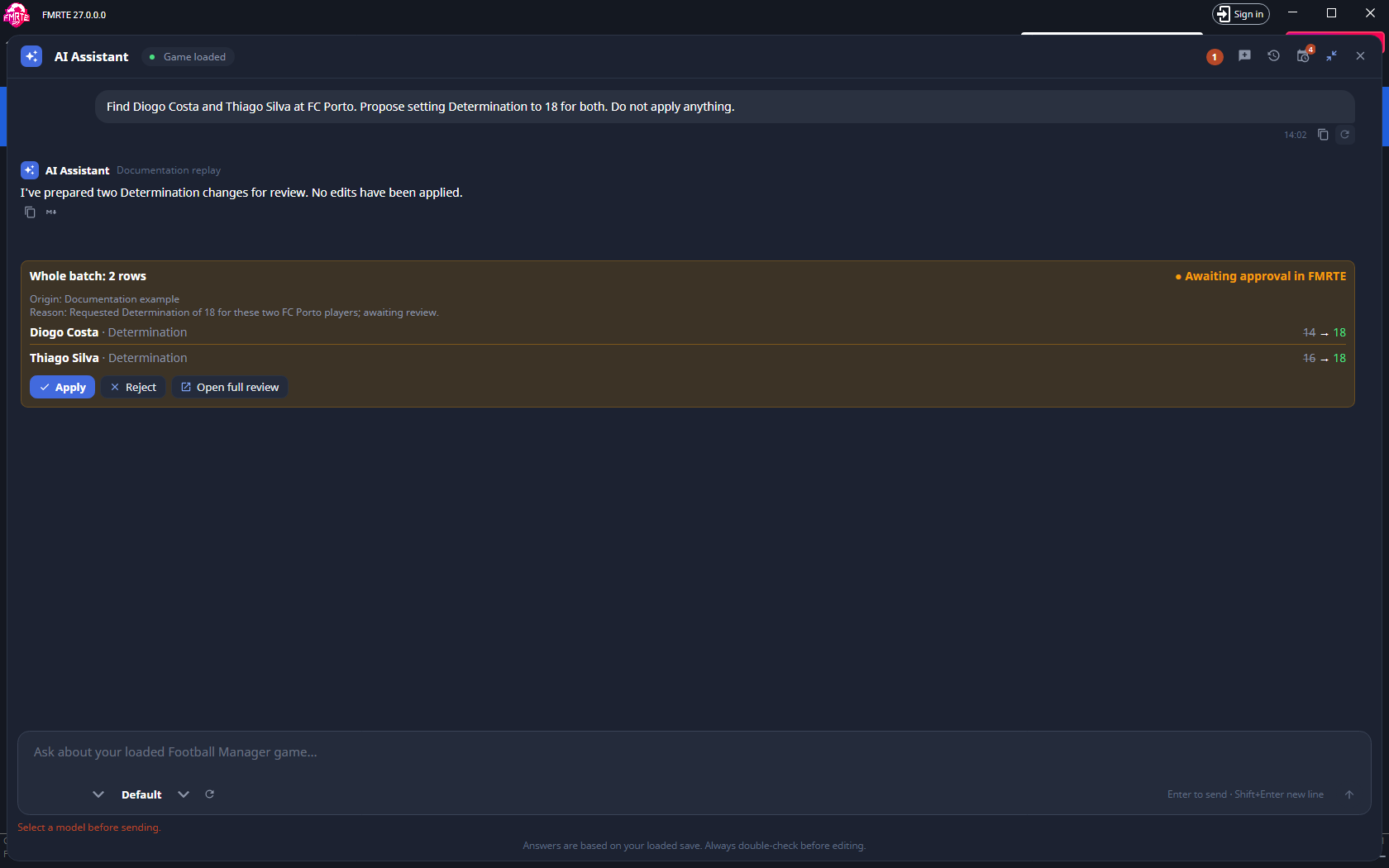 AI Chat showing the two-player proposal with Apply, Reject and Open full review controls
