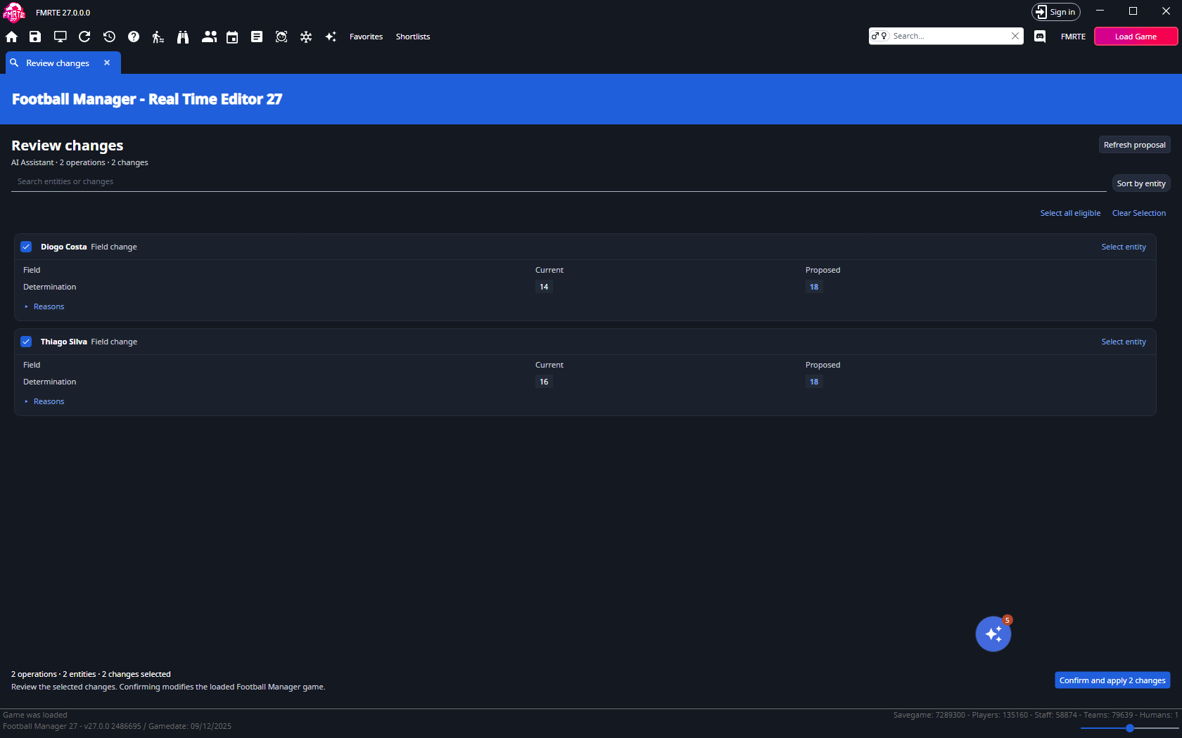 Review changes tab with the two original Determination values and both changes selected