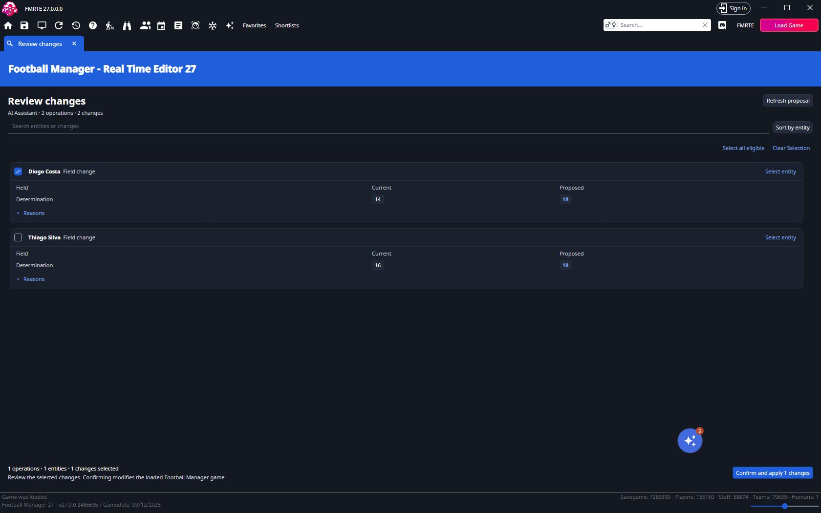 Review tab with only Diogo Costa selected and confirmation counting one change