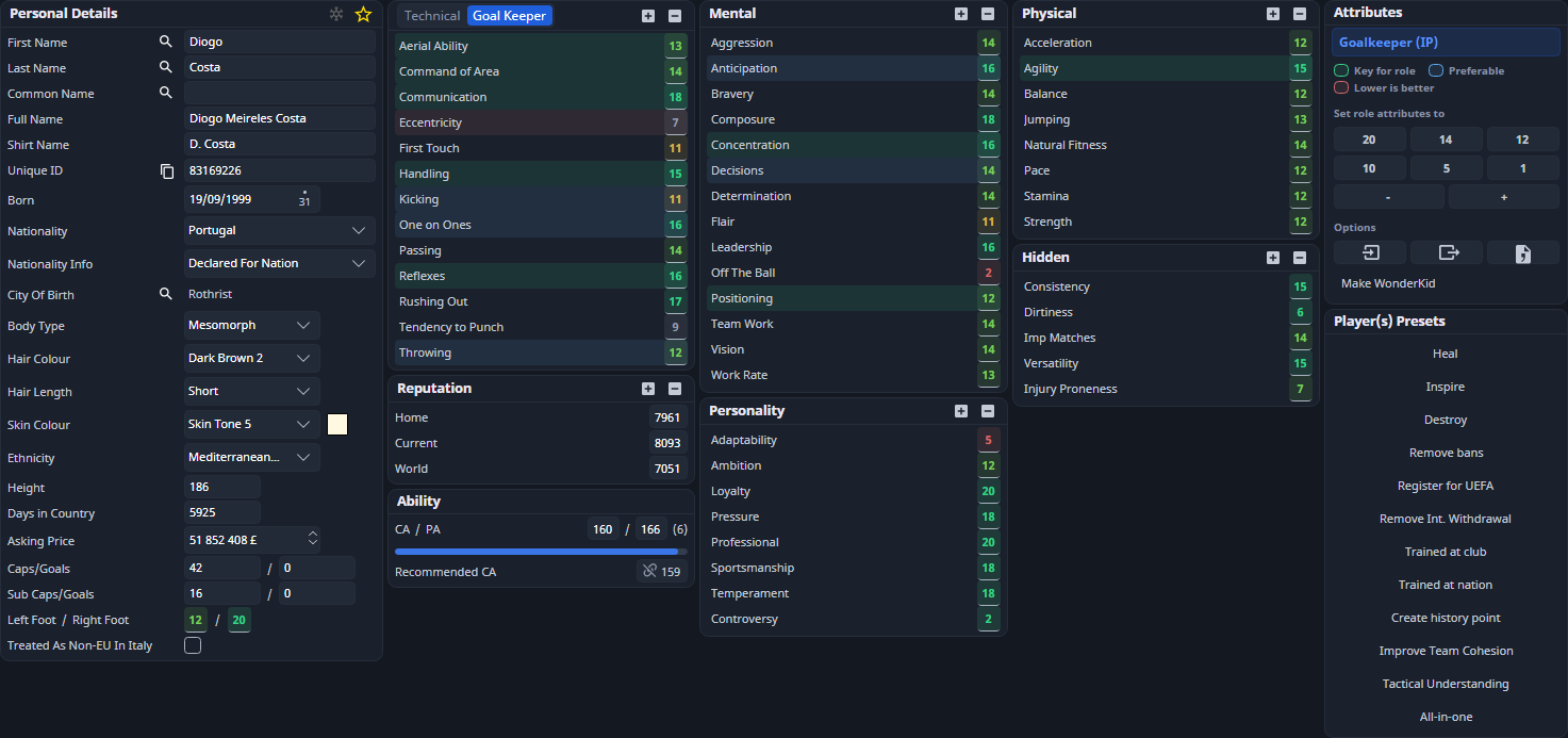 Player attributes grouped as Technical, Mental, Physical and Hidden