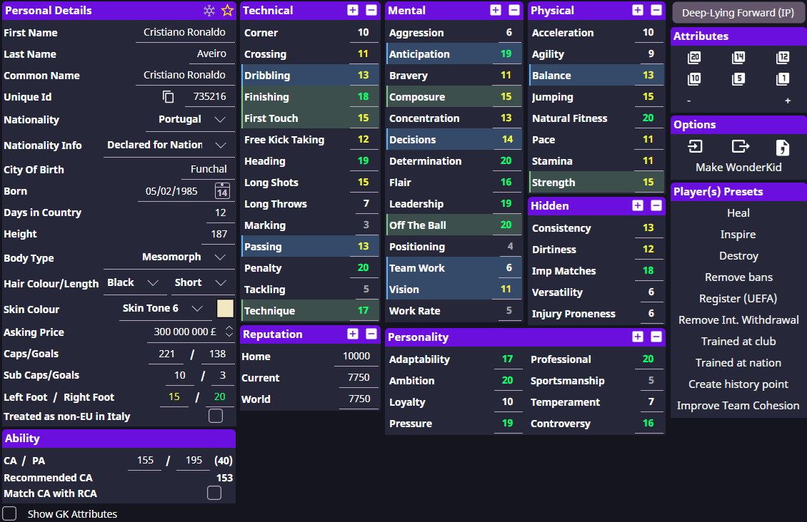 Player Information with Passing in the Technical attributes group
