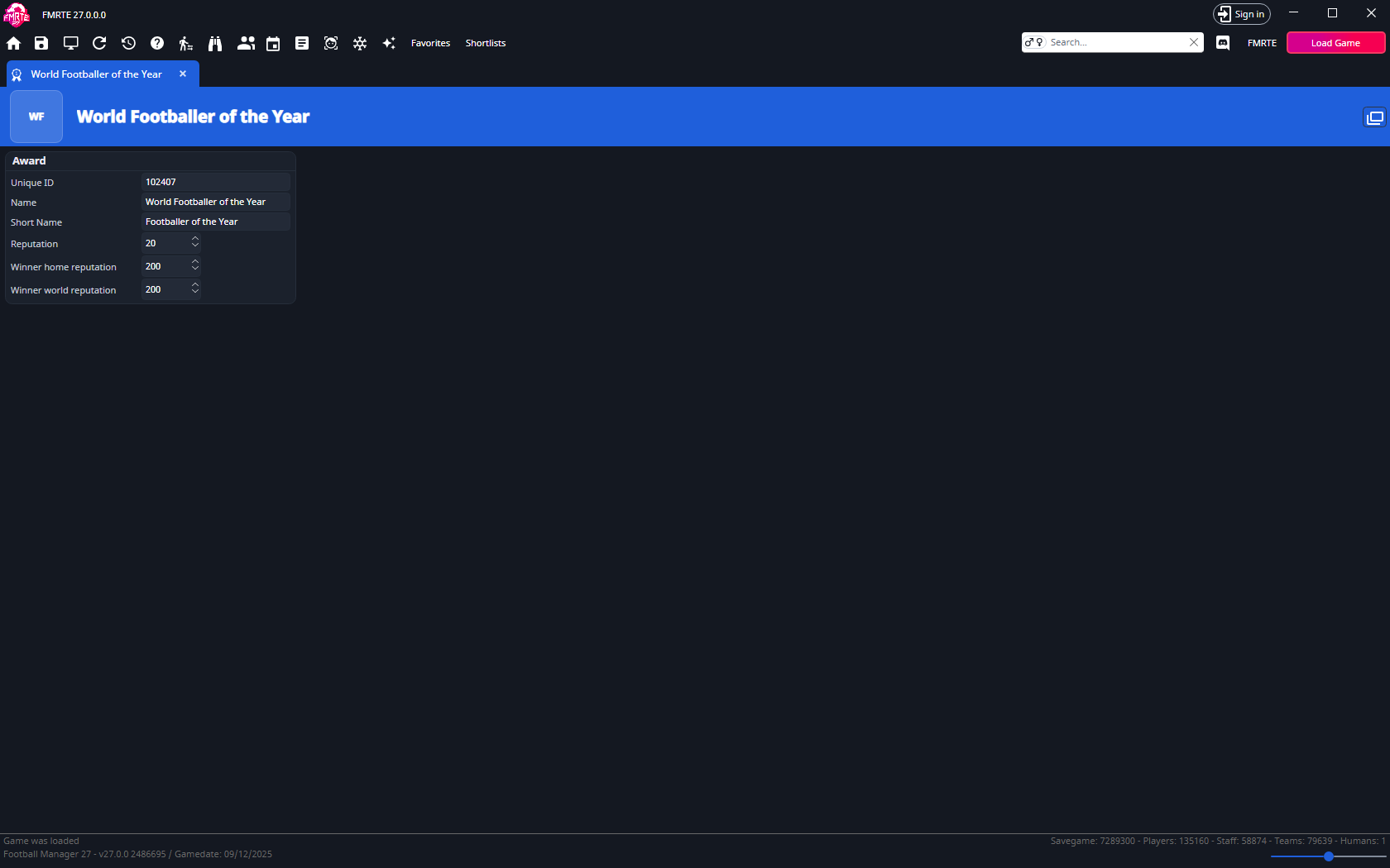 Award page for World Footballer of the Year with its reputation and winner reputation fields