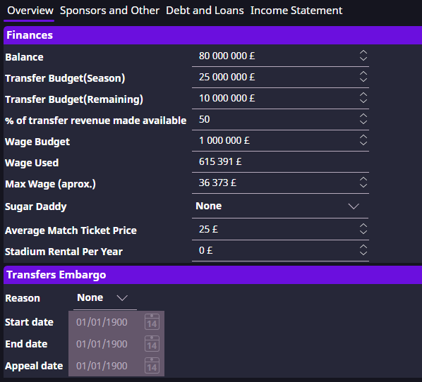 Club Finances with balance, transfer budgets and wage fields