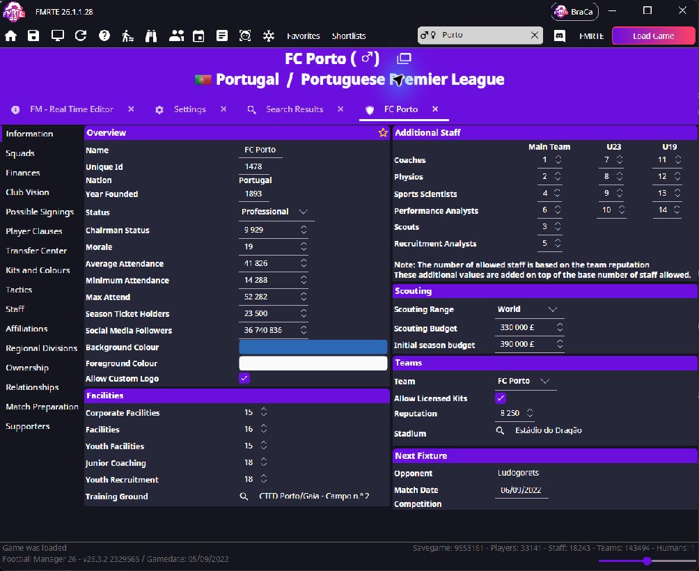 FMRTE workspace with toolbar, club tabs and status bar