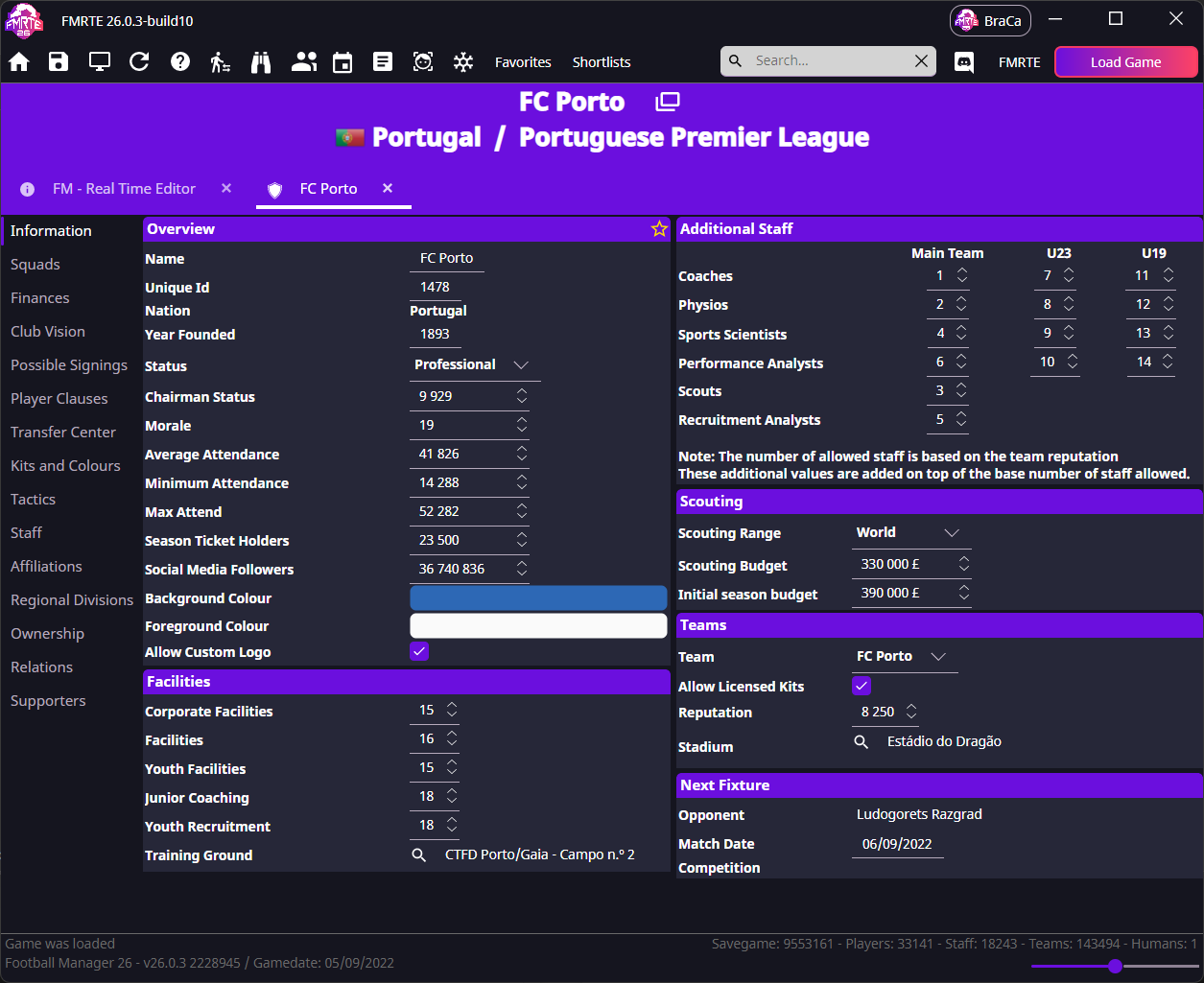 Loaded club page with Load Game and savegame details in the status bar