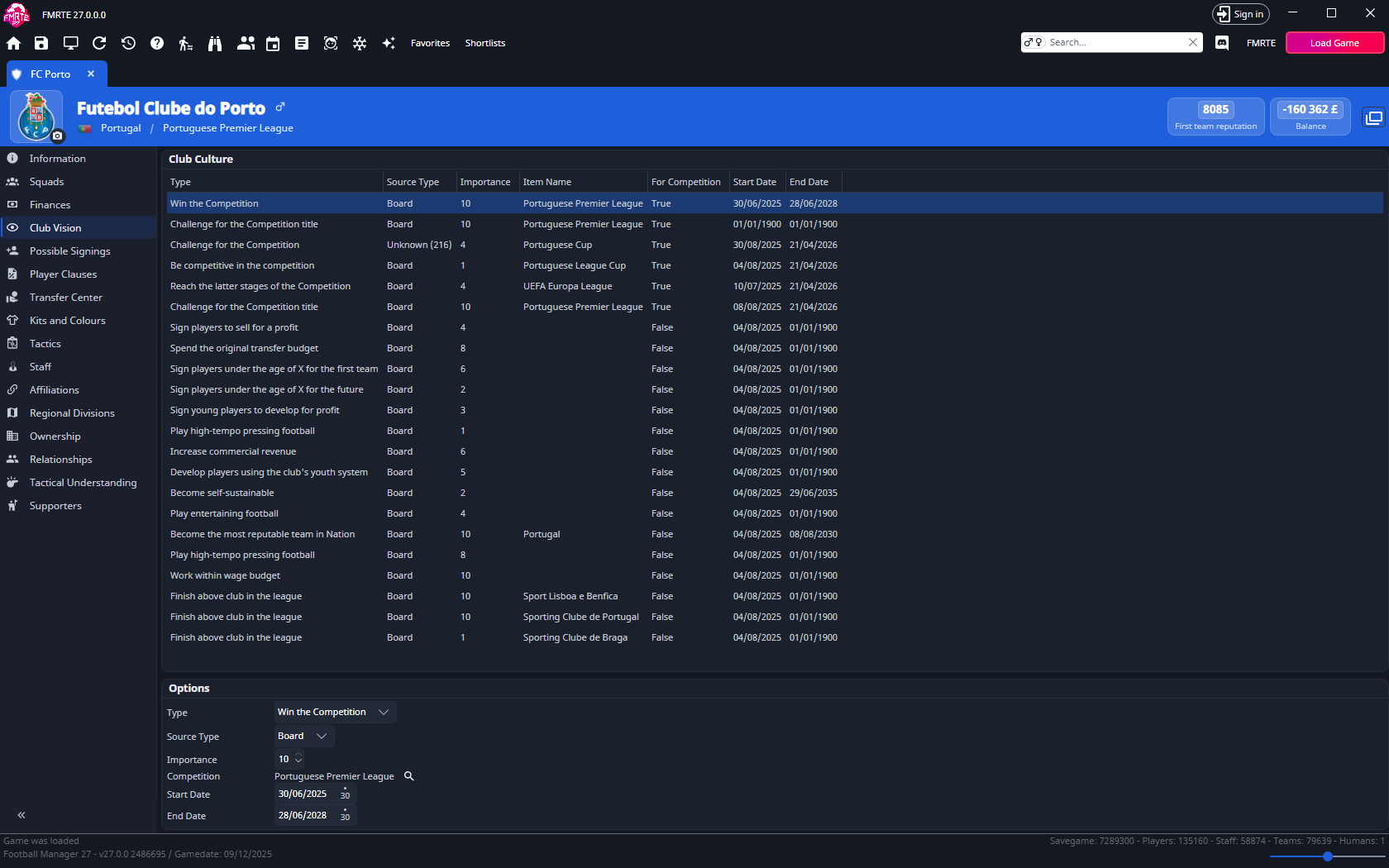 Club Vision tab with the Club Culture list and the Options box for the selected objective