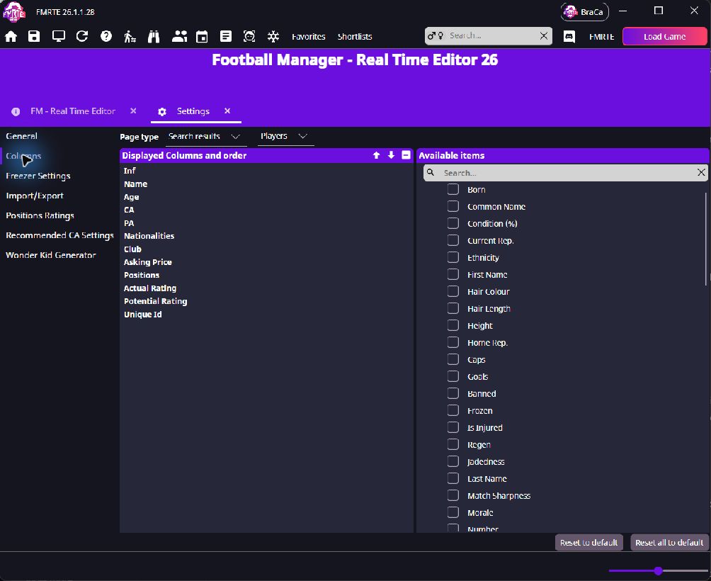 Columns settings with Unique Id added to the displayed list