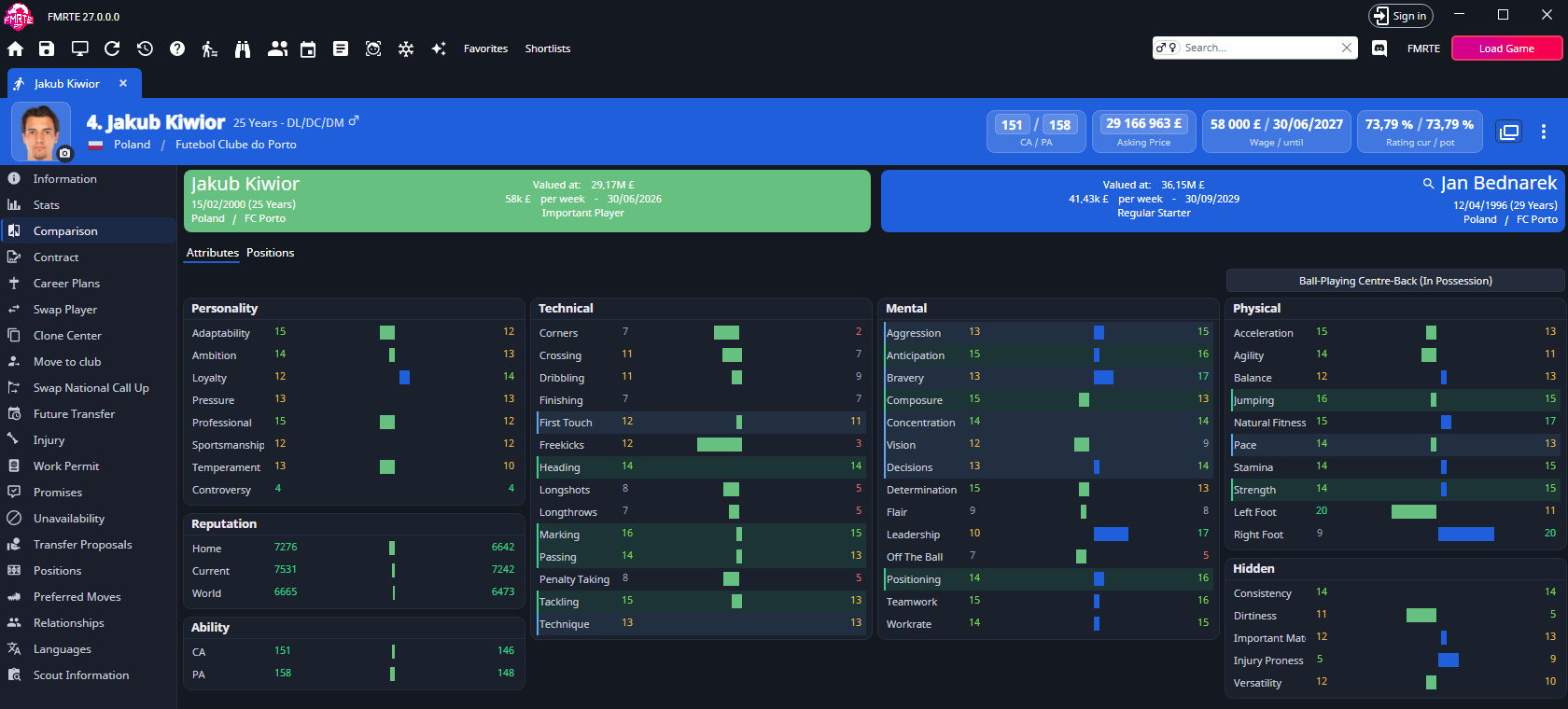 Comparison with Jakub Kiwior and Jan Bednarek side by side on the Attributes tab