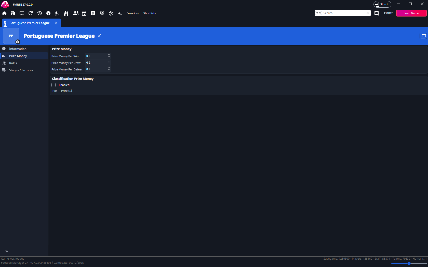 Prize Money with awards per match outcome and classification prizes for each league position