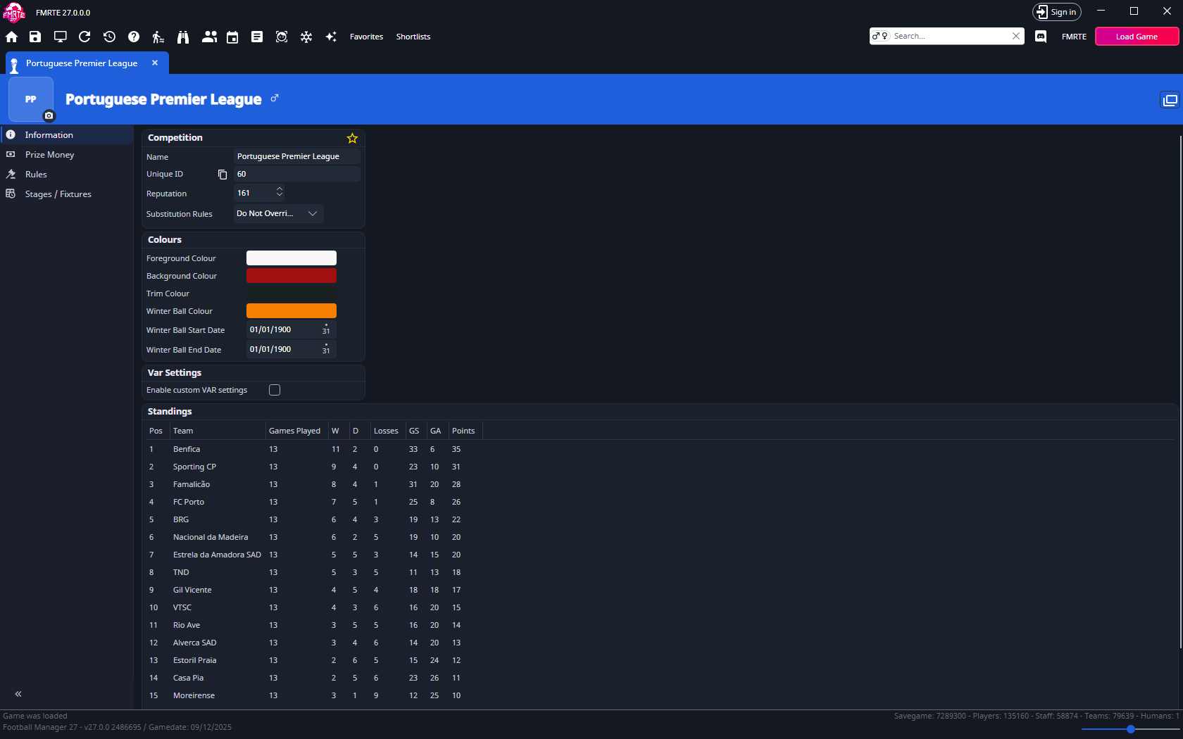 Competition Information with reputation, colours, substitution rules, VAR settings and standings