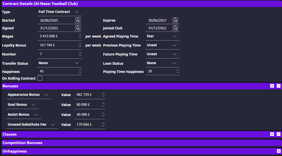Player contract with dates, wages and playing time