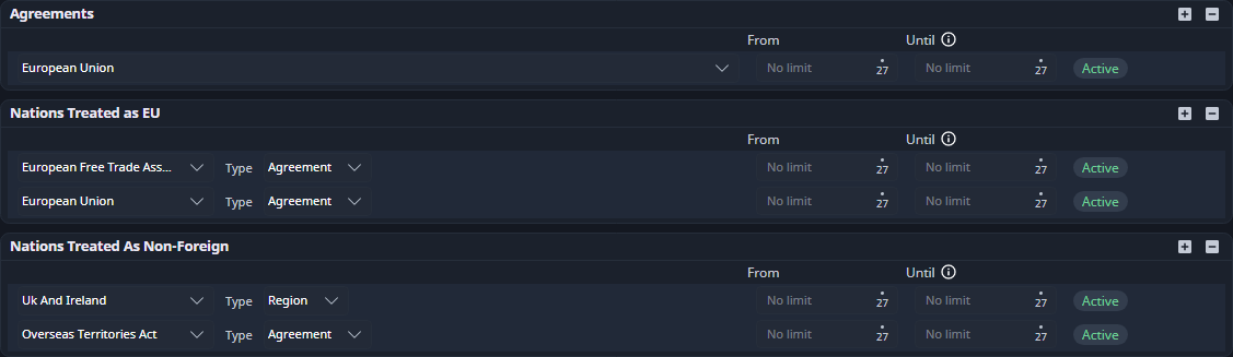 England's Information page with an active European Union row under Agreements, both dates set to No limit