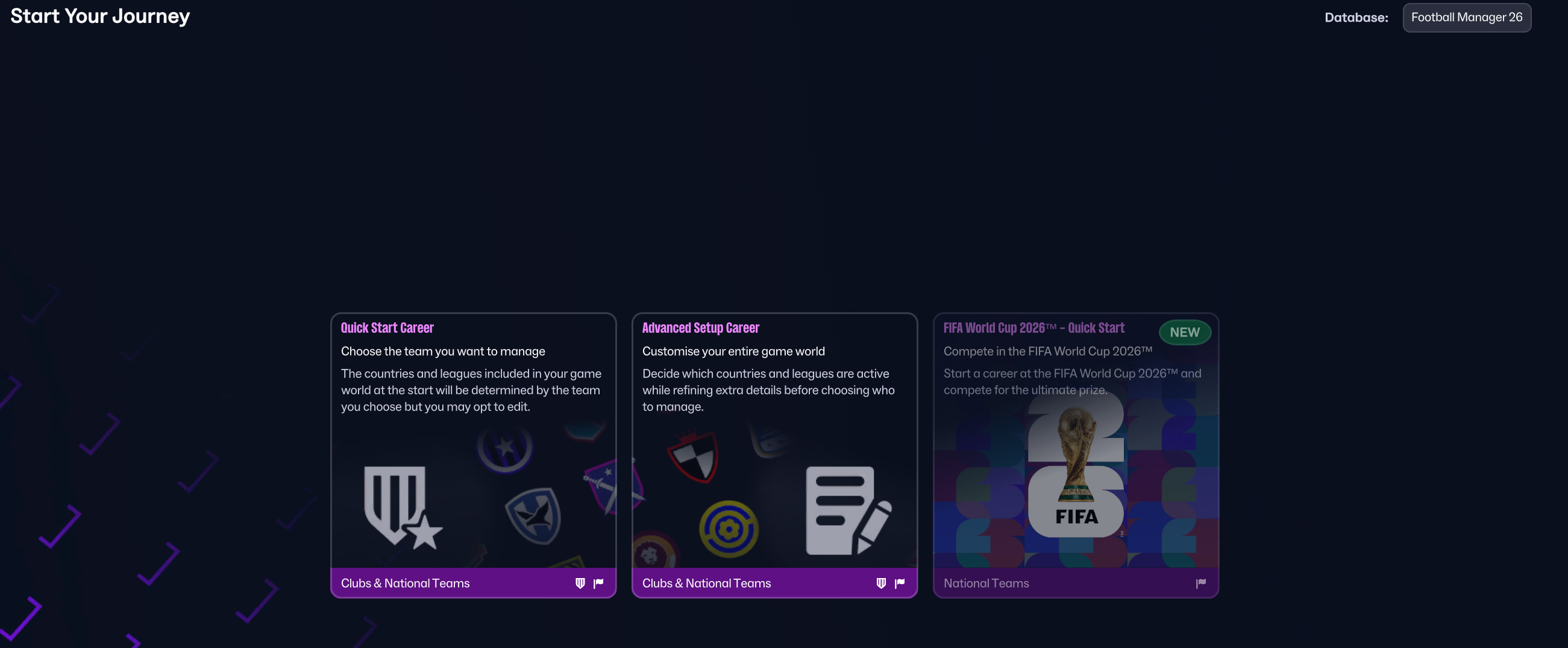 Start Your Journey screen with the Database selector in the top-right corner