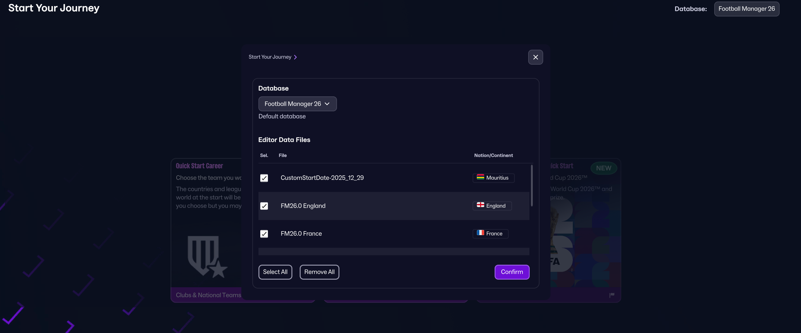 Editor Data Files with a custom start date and real fixture files selected