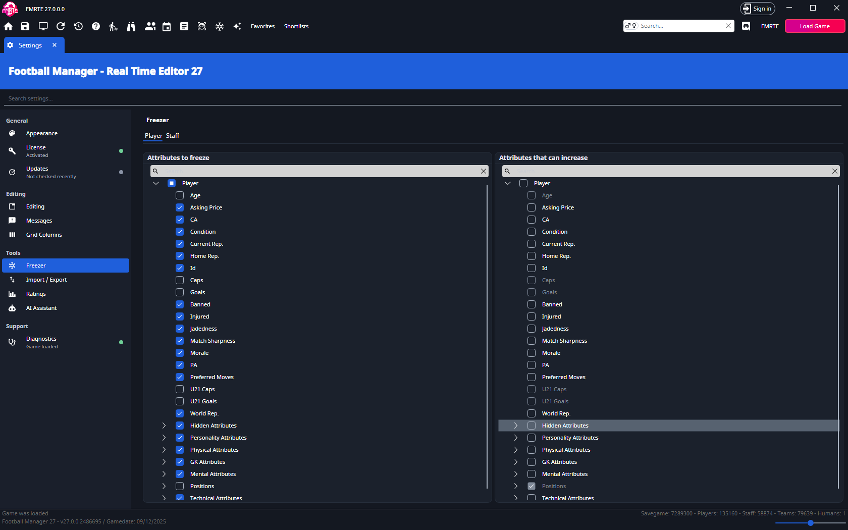 Freezer settings with frozen properties on the left and allowed increases on the right