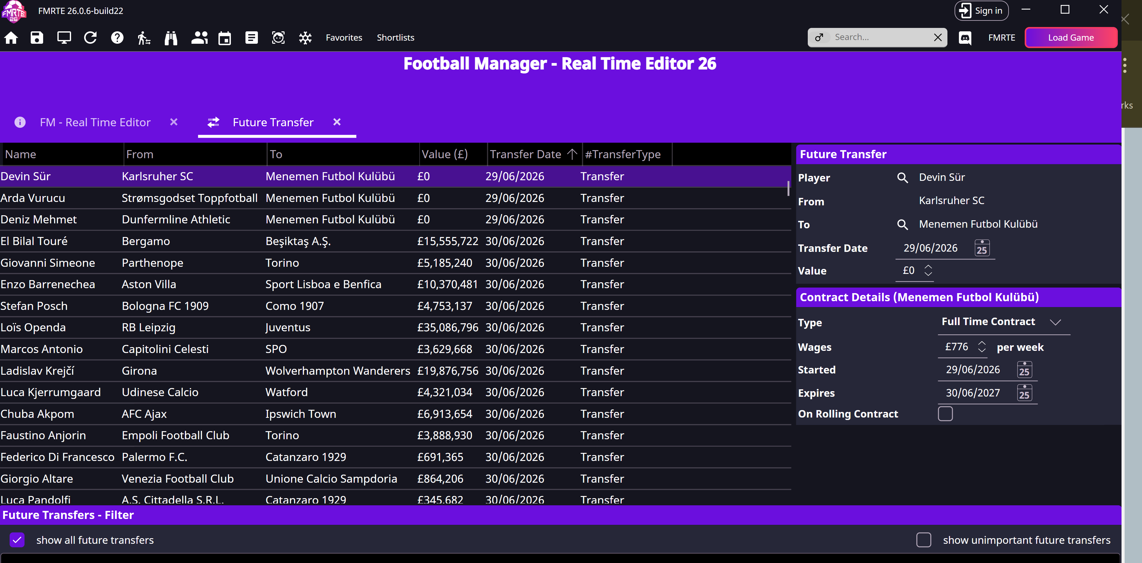 Future transfer list and editable deal details
