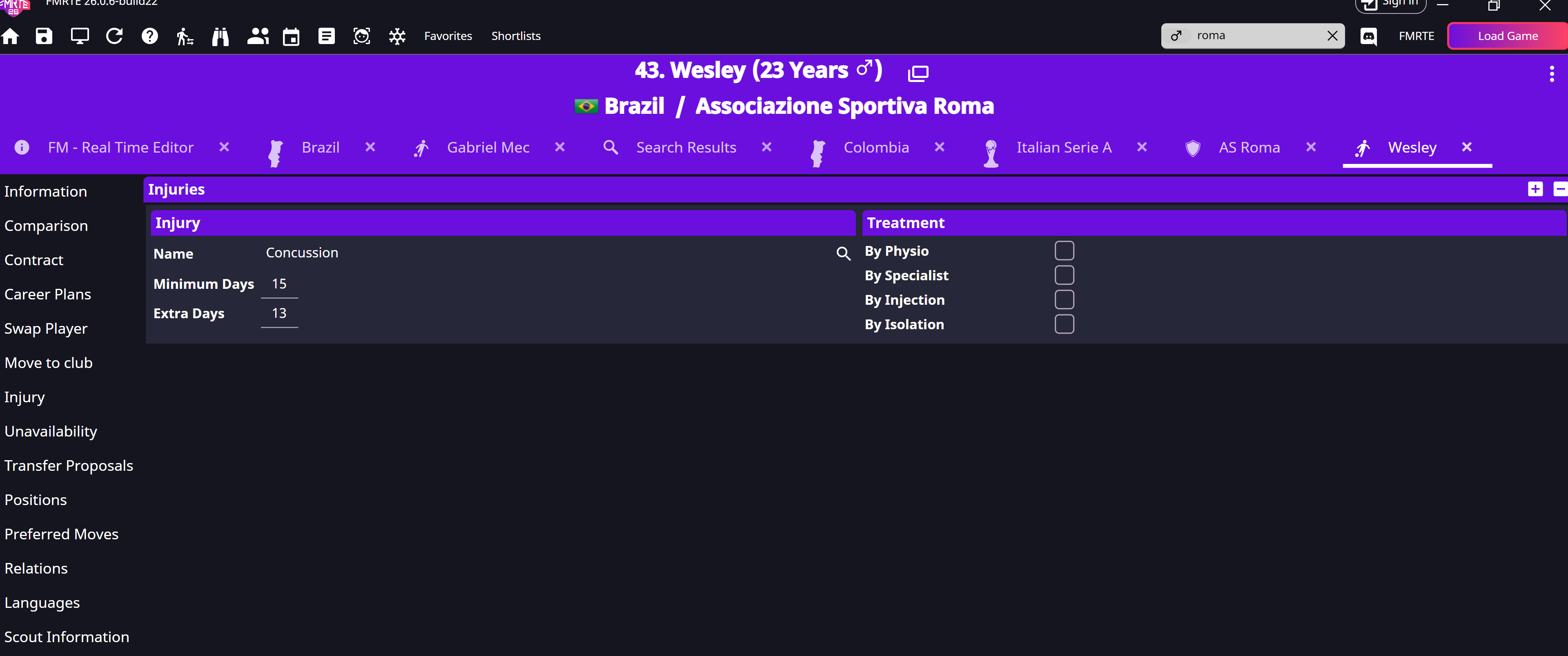 Injury page with duration and treatment controls