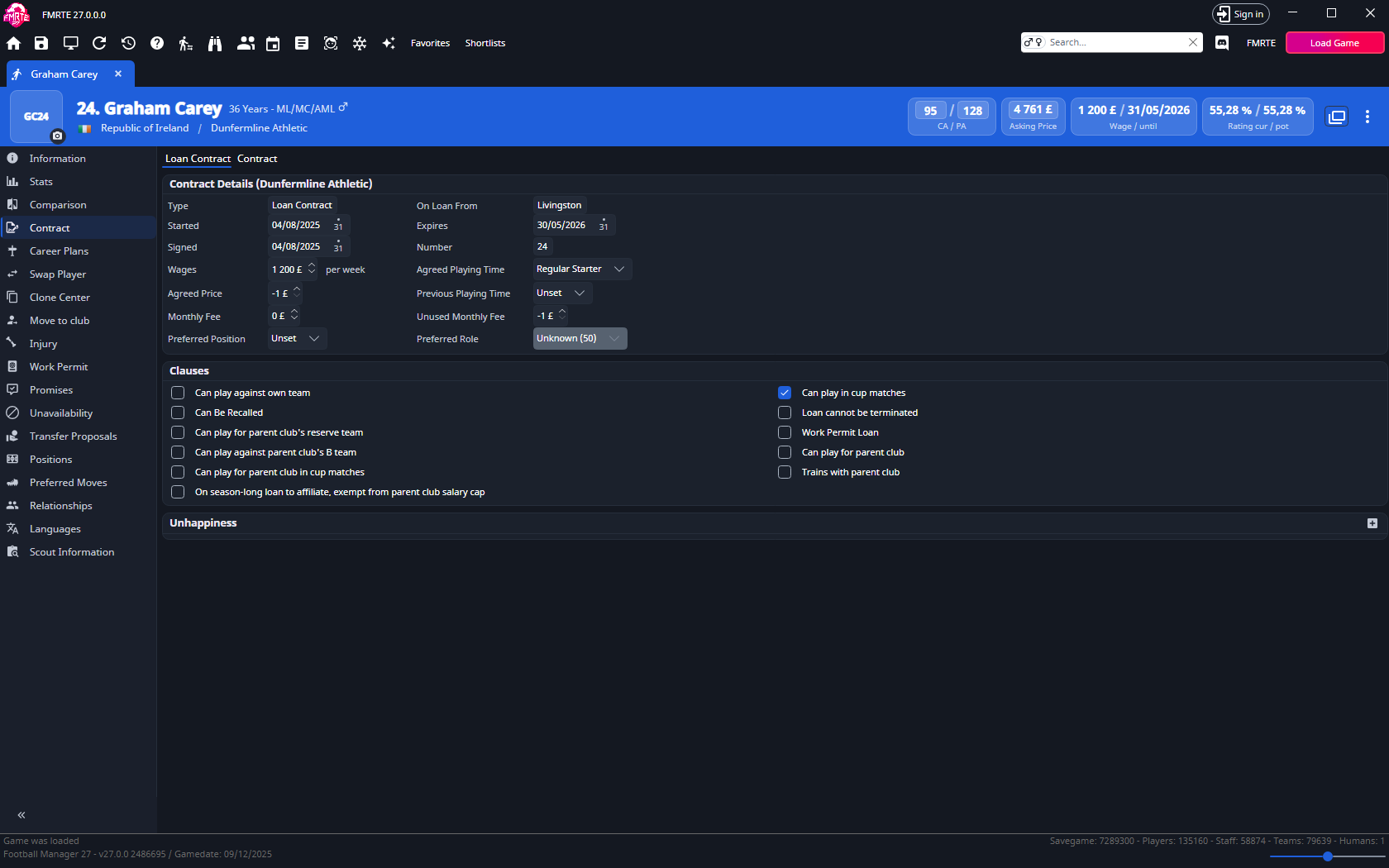 Loan contract with fees, playing time and clauses