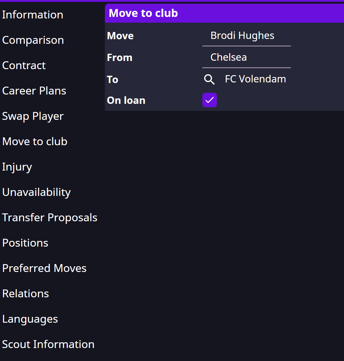 Move to club with On loan selected