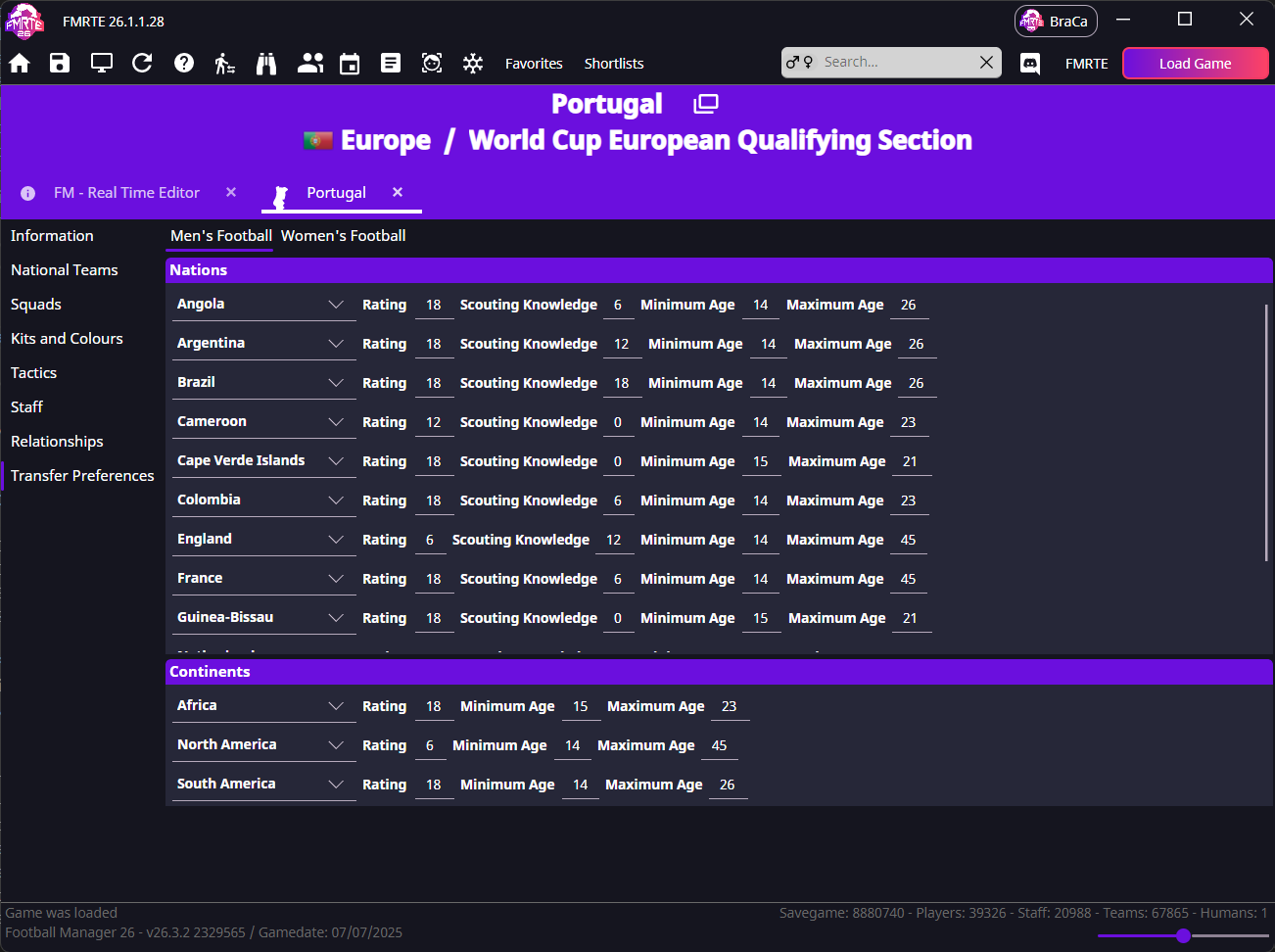 Portugal's nation and continent transfer preferences with ratings, age limits and scouting knowledge