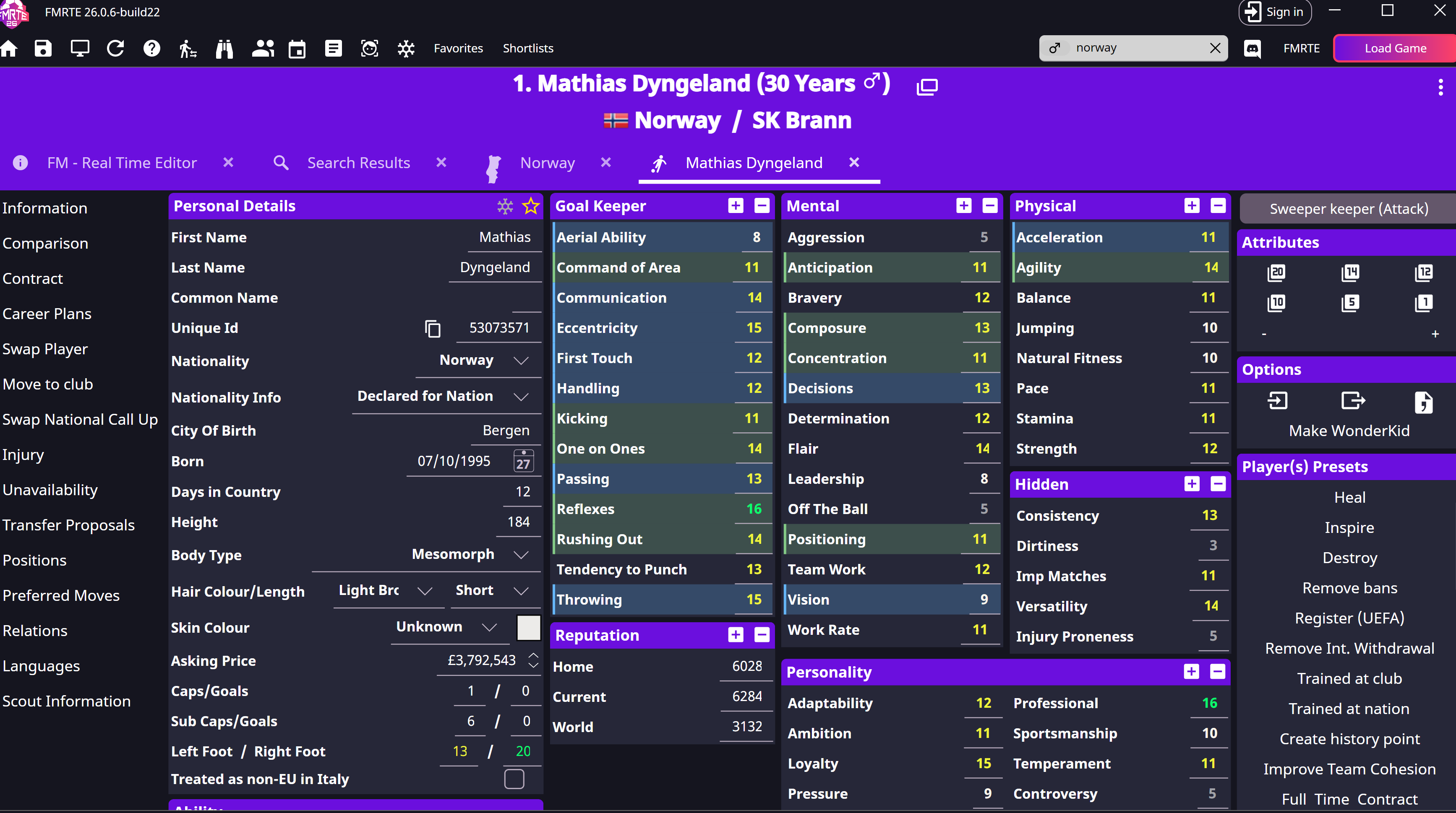 Player profile with Swap National Call Up available