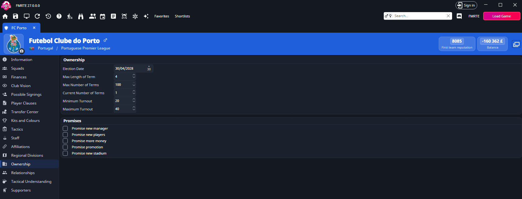 Ownership tab with the election date, term and turnout fields and the Promises box