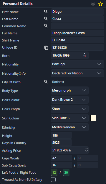 Player Information with the player tabs on the left