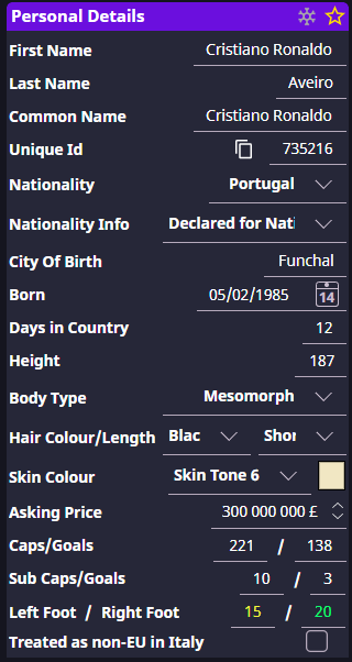 Player Information with the player tabs on the left