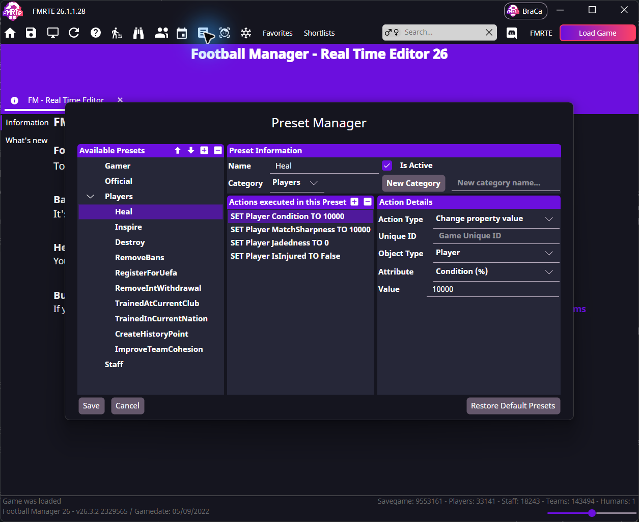 Preset Manager showing the existing Heal preset and its actions