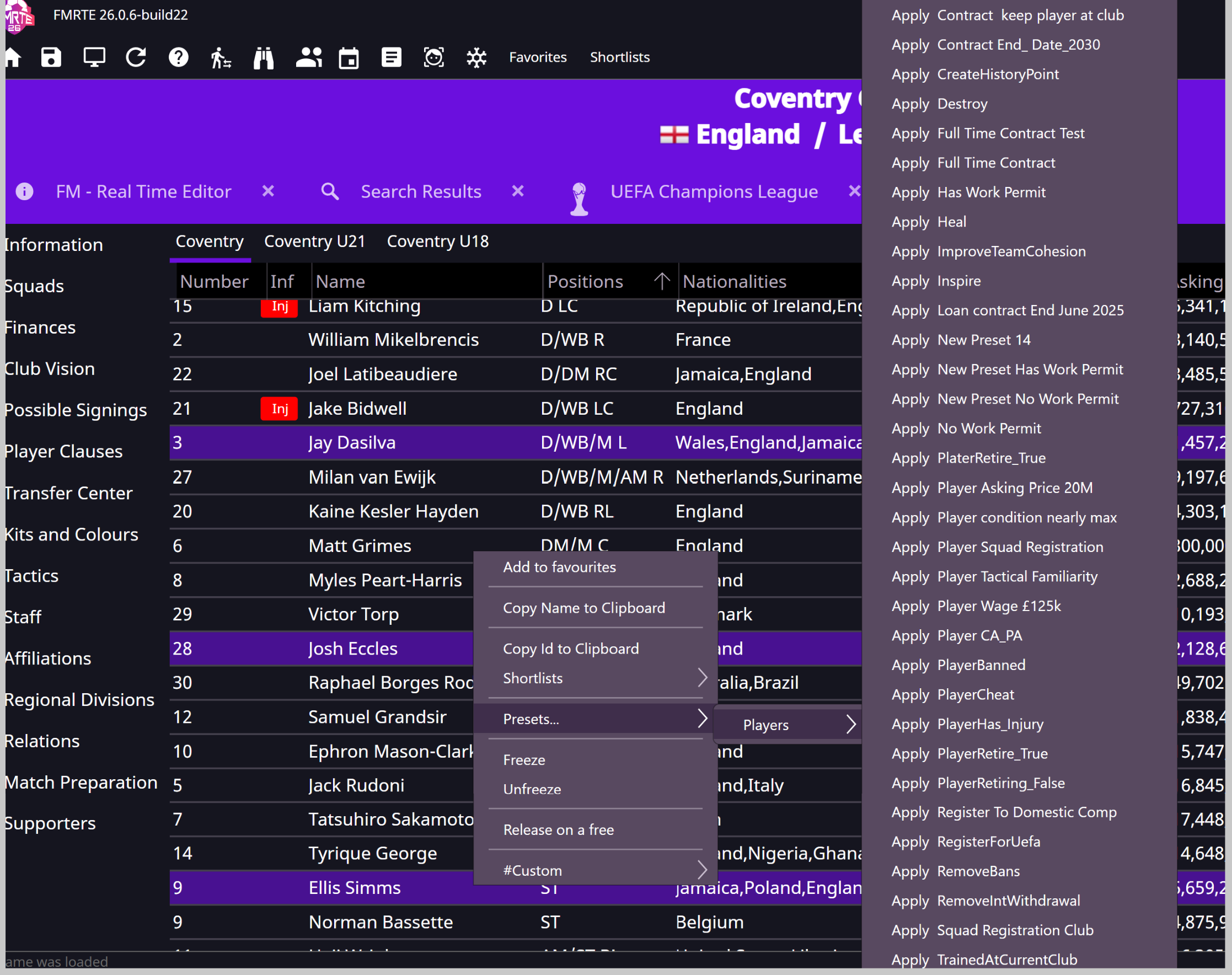 Player presets in a squad's context menu