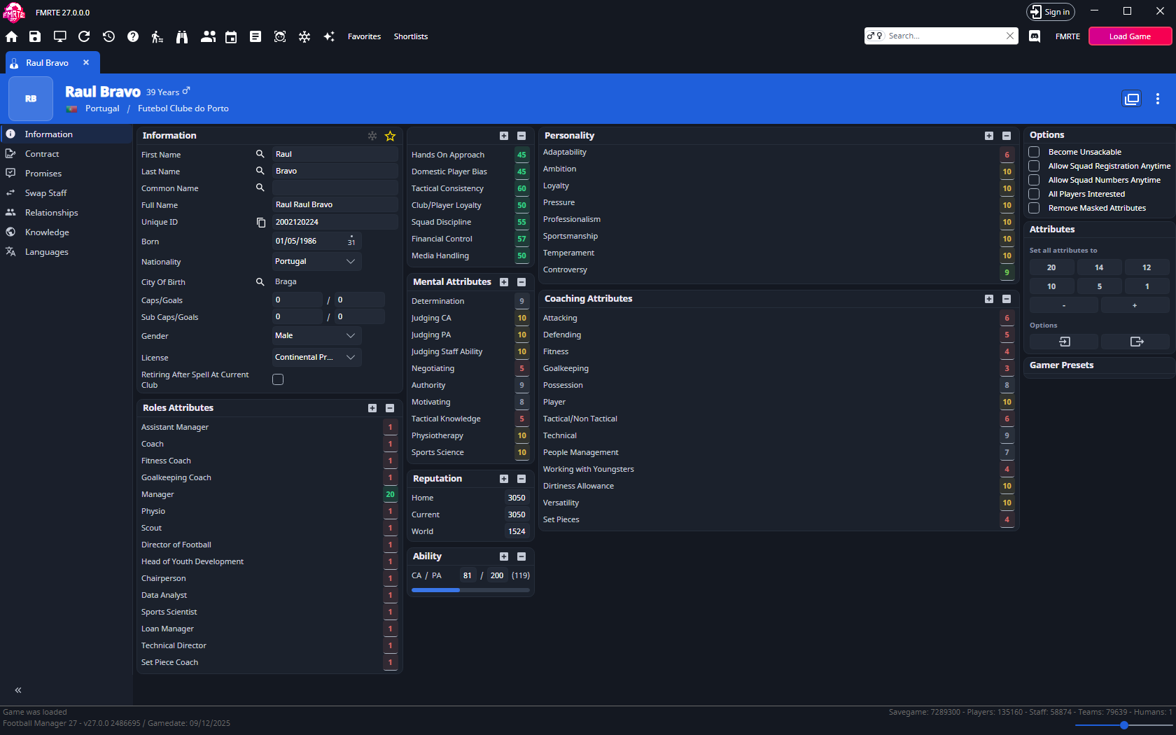 Manager Information with attributes and options