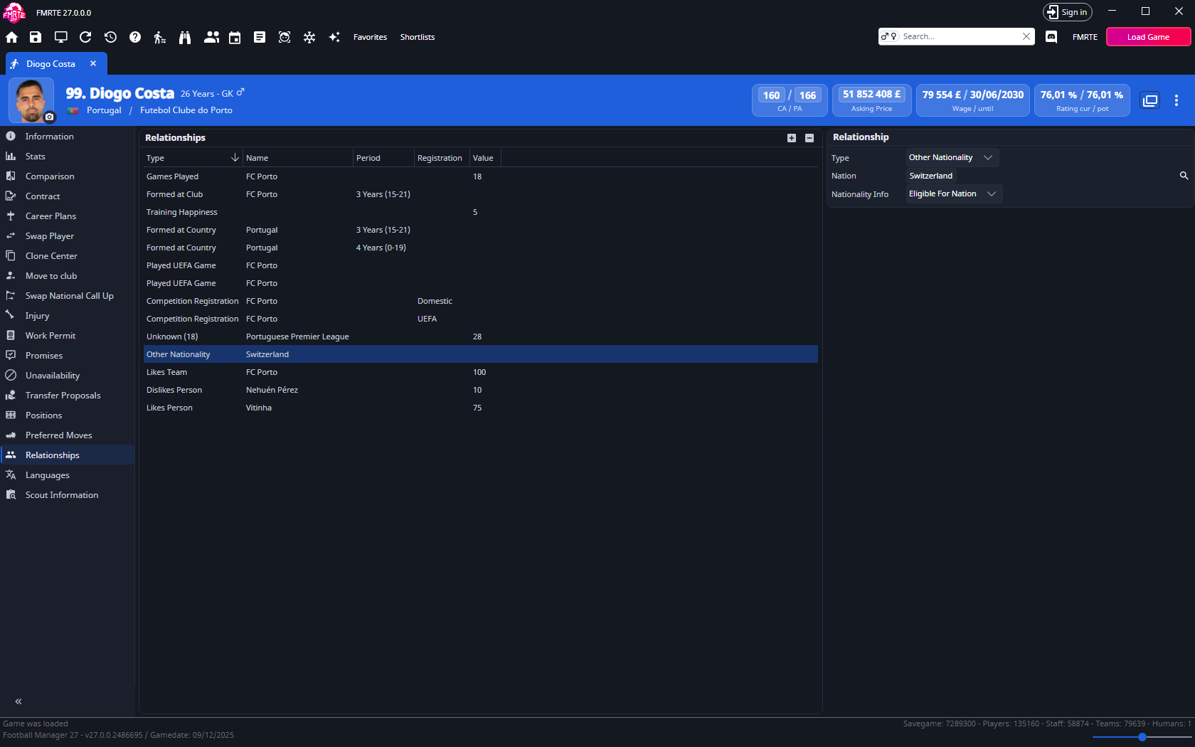 Relationships page with the Type menu