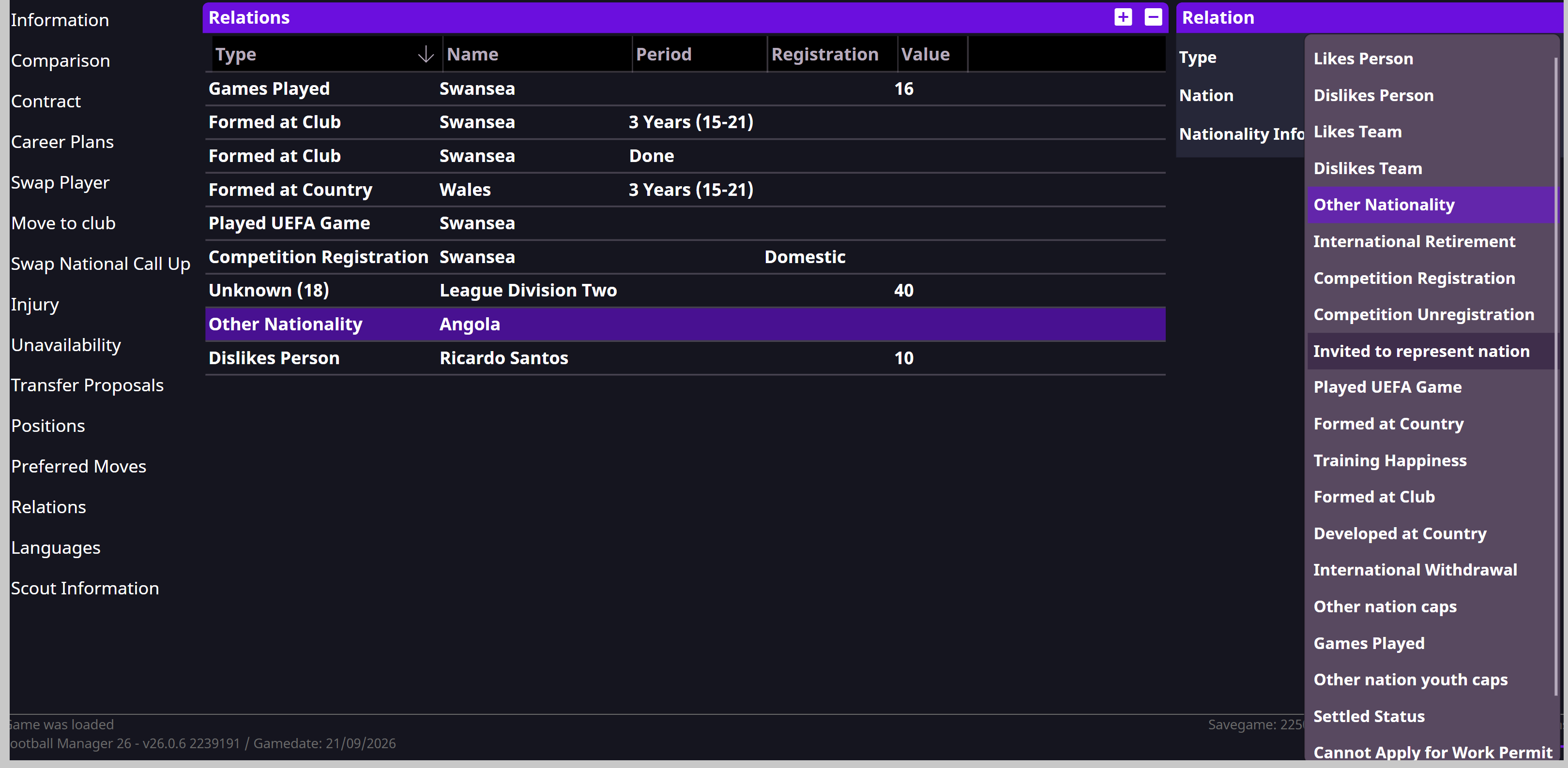 Relationships page with the Type menu