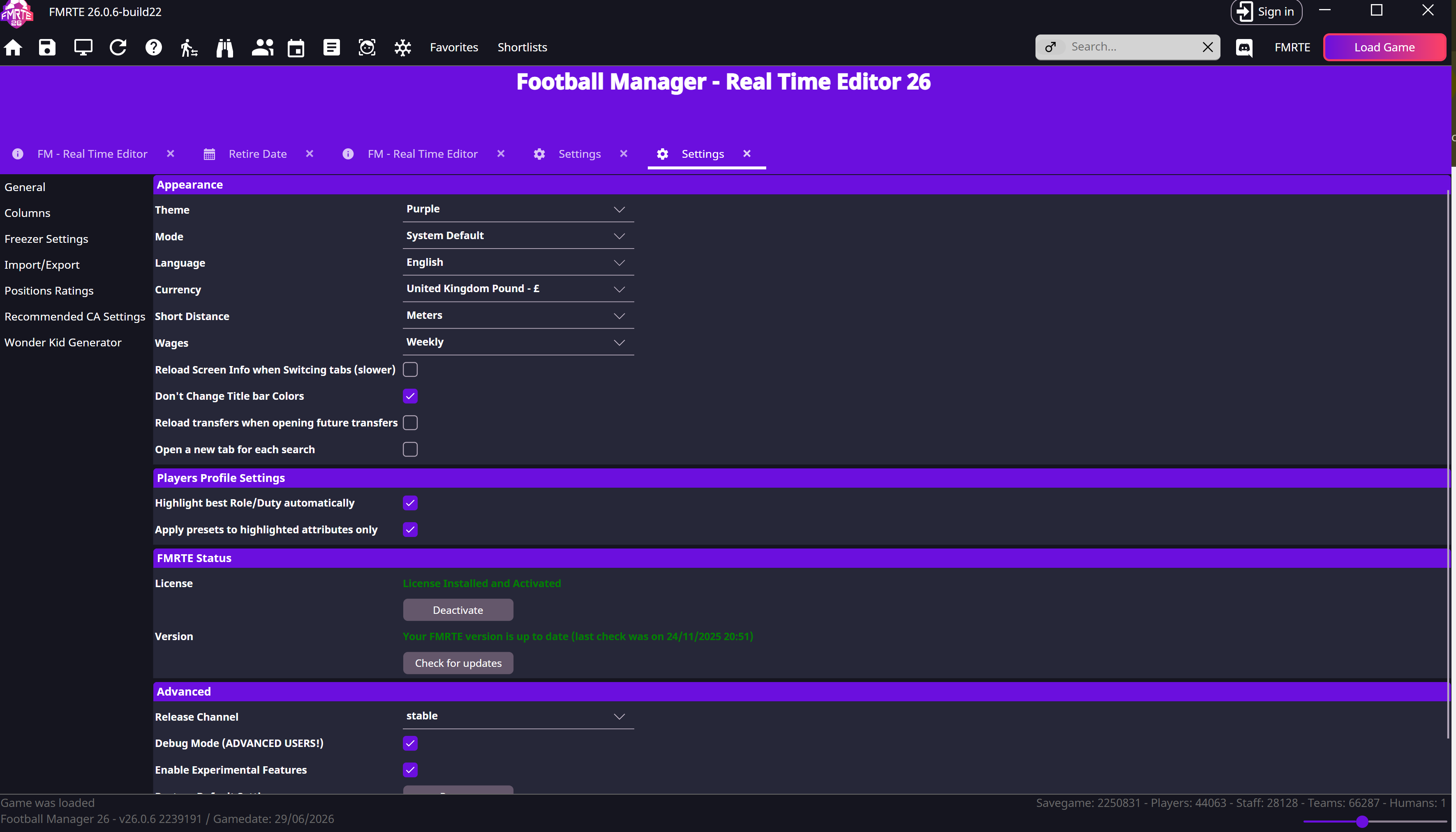 Settings showing an activated license