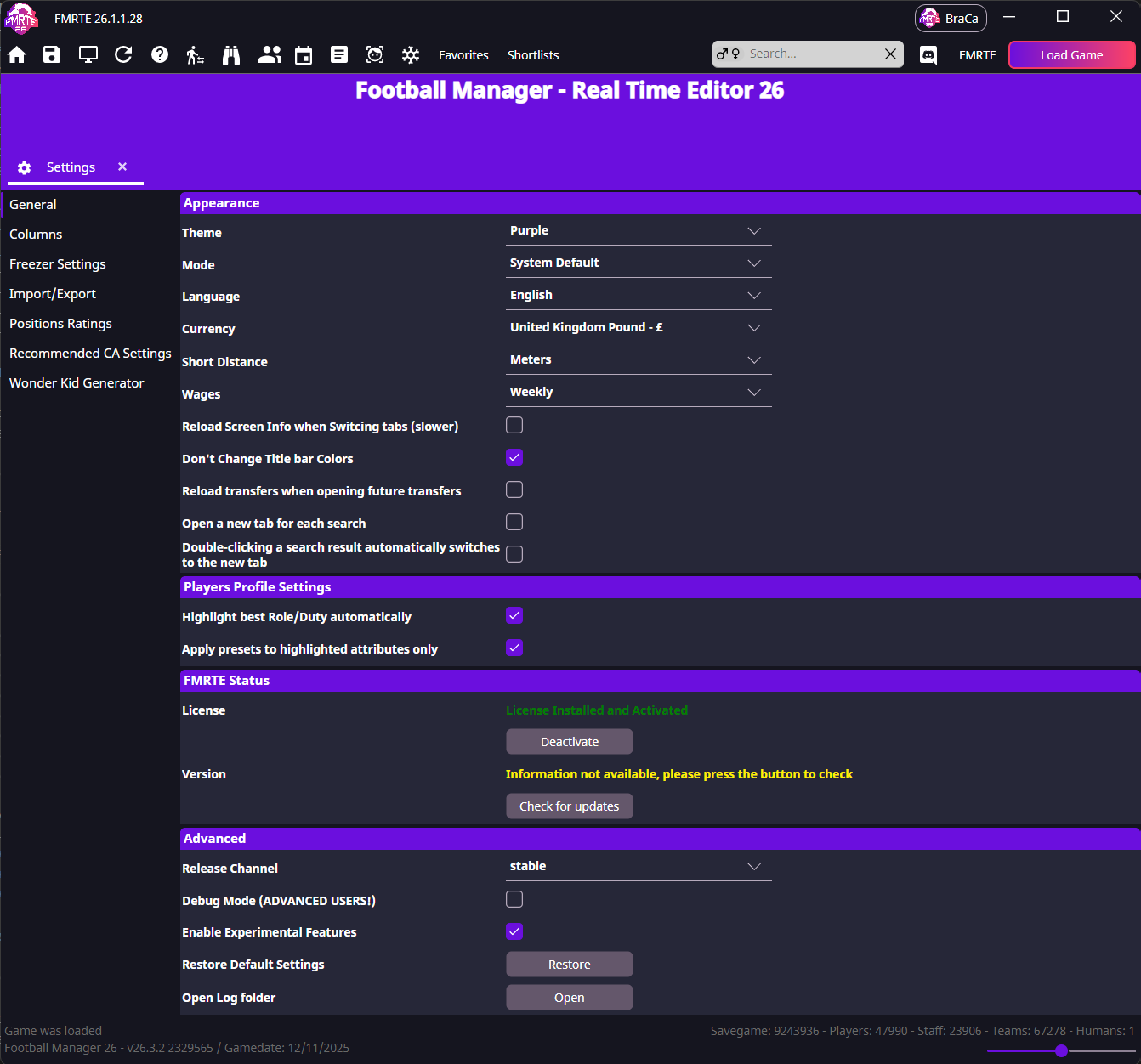 General settings with language, currency, theme, units and editing preferences