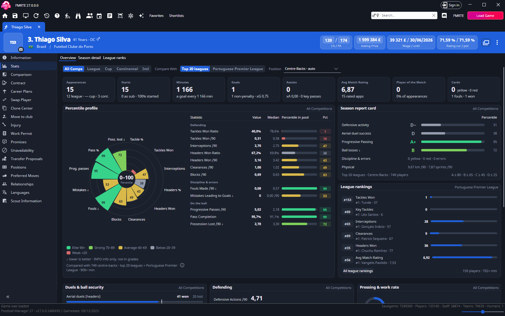 Player Stats Overview with season tiles, percentile profile and comparison controls