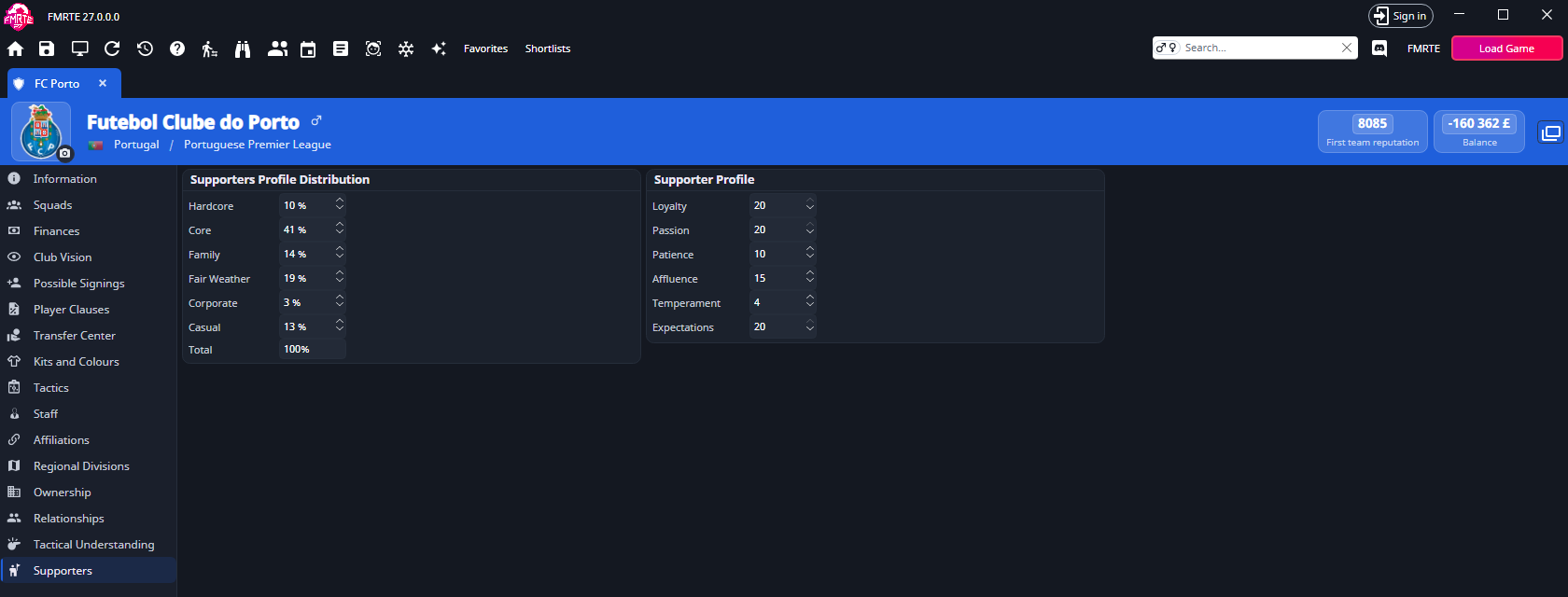 Supporters tab with the supporter profile distribution and the Supporter Profile values