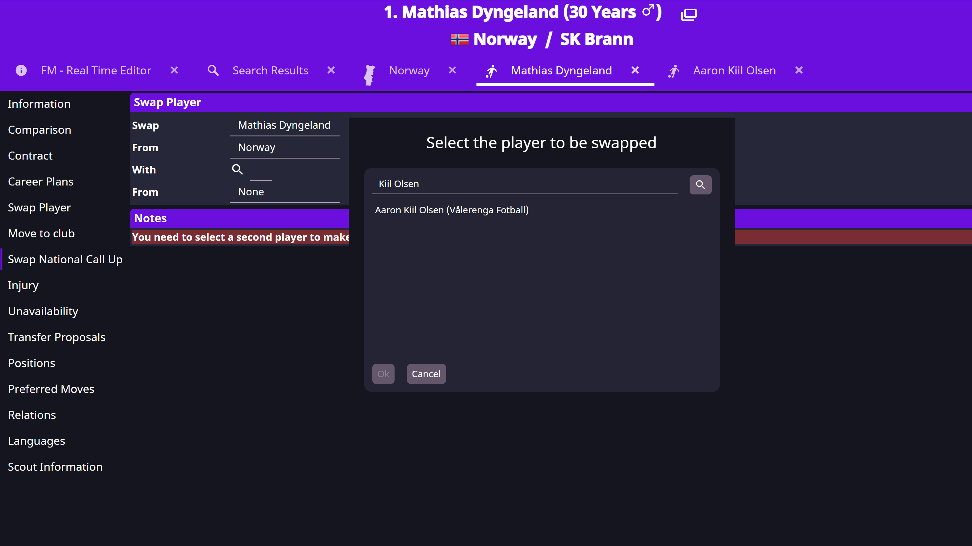 Call-up swap with outgoing player and replacement search