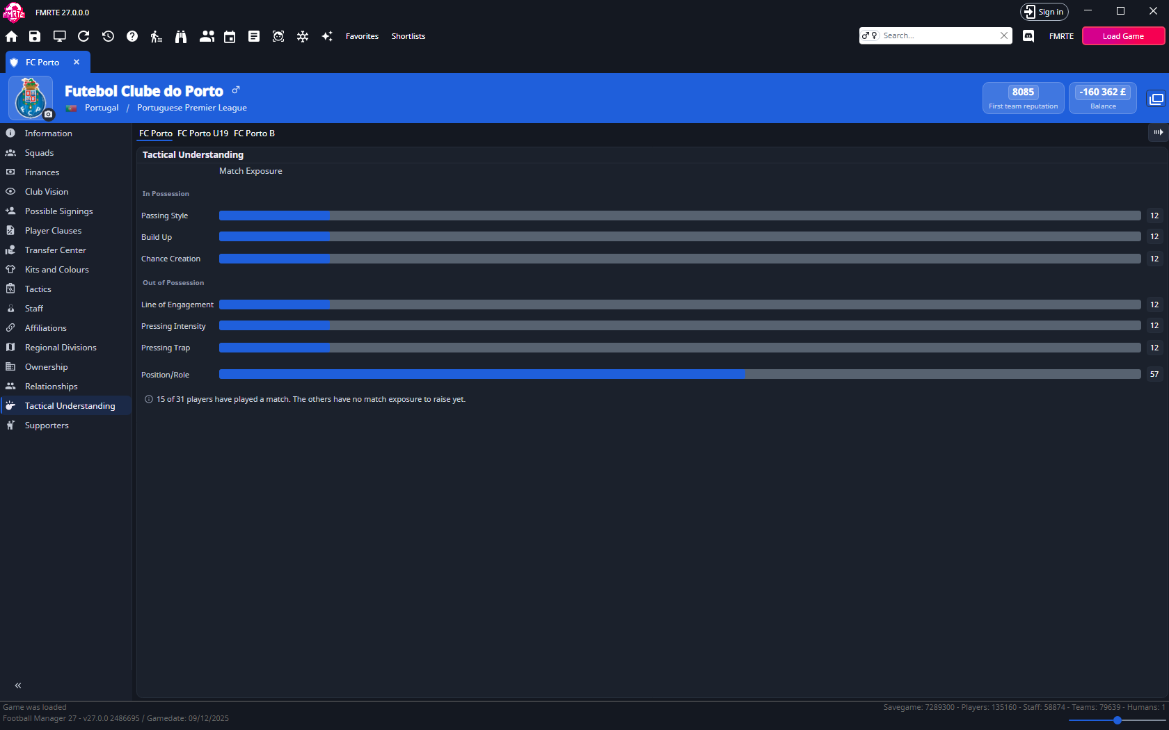 Tactical Understanding tab with In Possession, Out of Possession and Position/Role match exposure