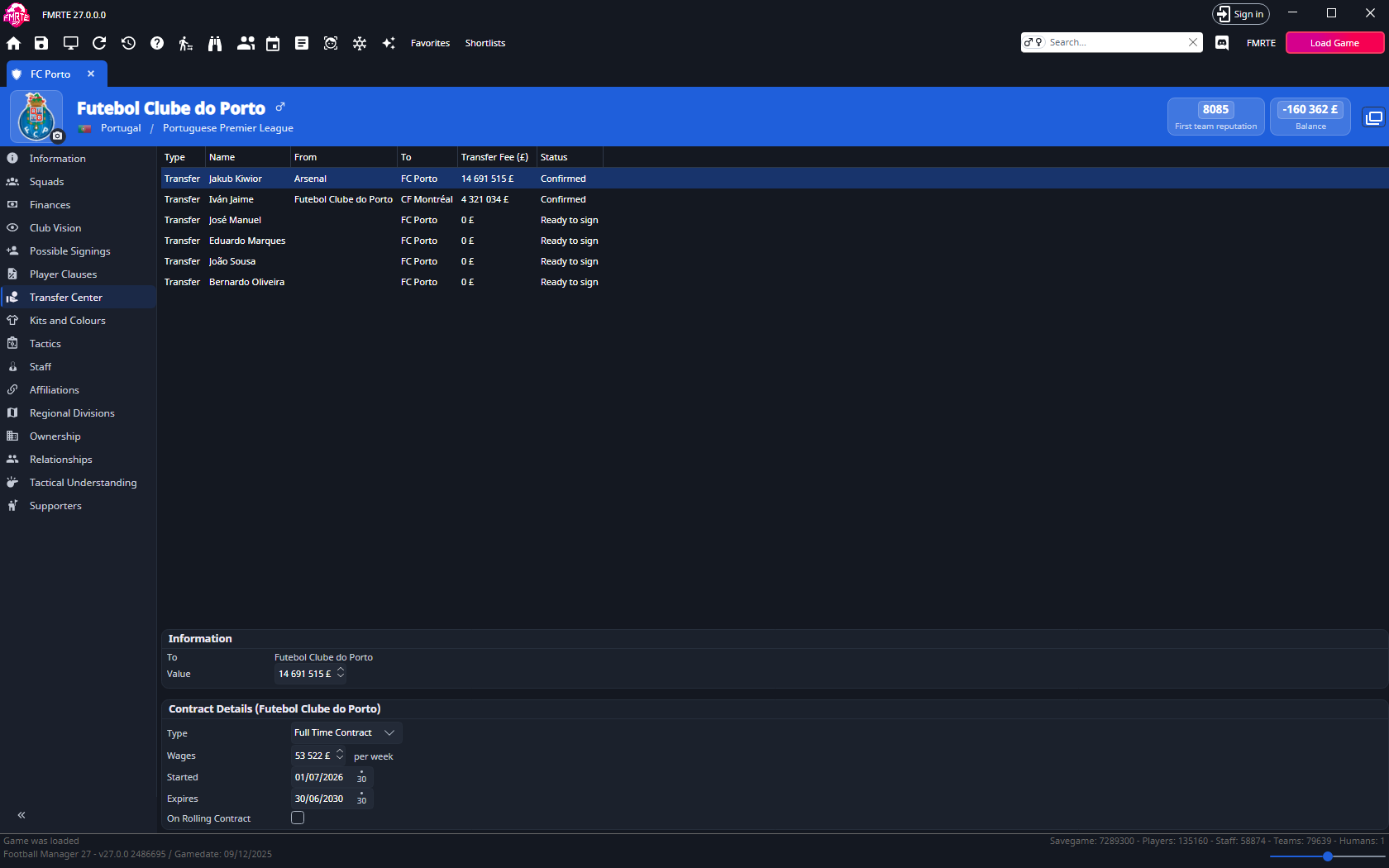 Transfer Center tab with an incoming transfer selected and its future contract details
