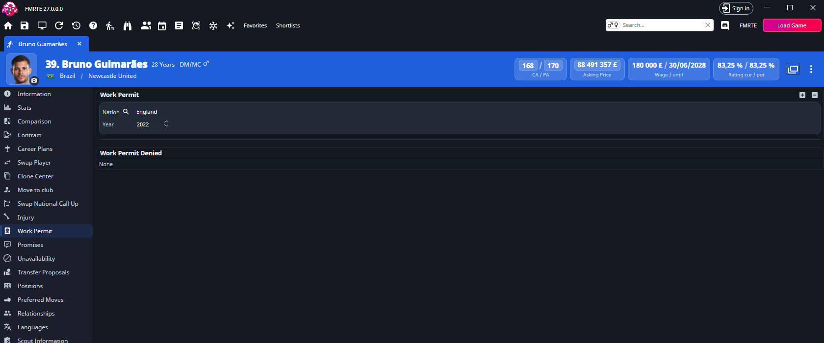 Player Work Permit tab with an England permit from 2022 and an empty Work Permit Denied list